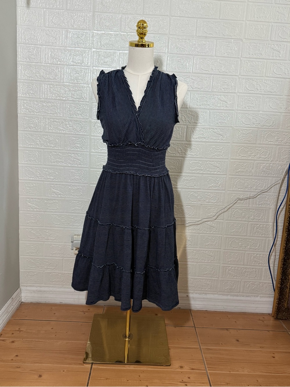 Max Studio Navy Smocked Waist Tiered Midi Dress